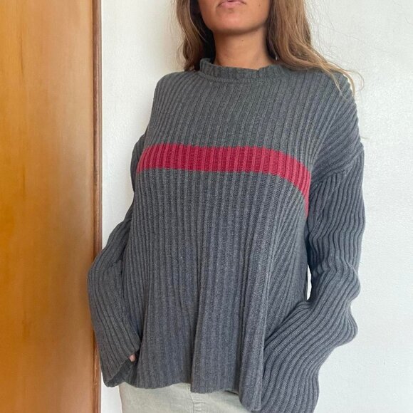 Iconic ribbed asymmetrical sweater with button detail dark navy and brownish col - Picture 3 of 5